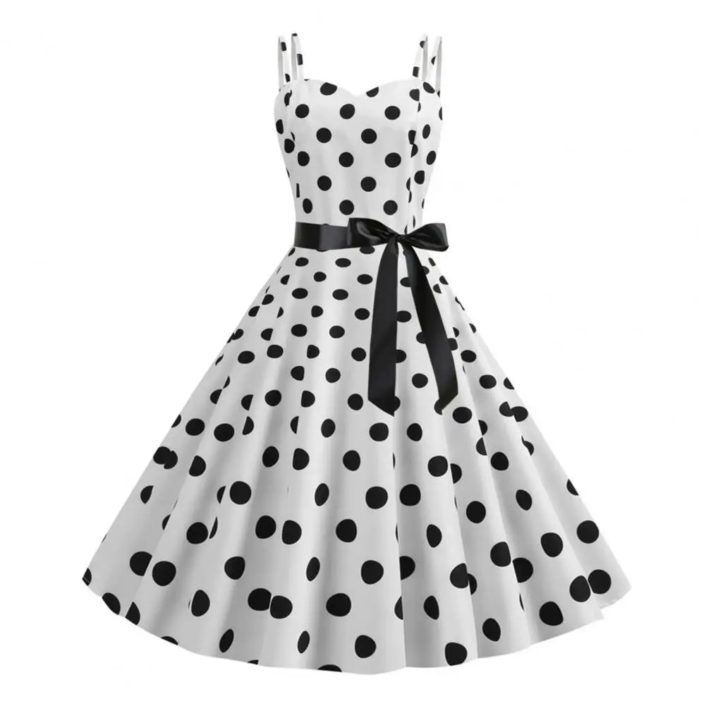 Retro Dot Dress Elegant Retro A-line Midi Dress with Bow Decor Dot Print for Women for Parties Weddings Proms Women A-line Dress