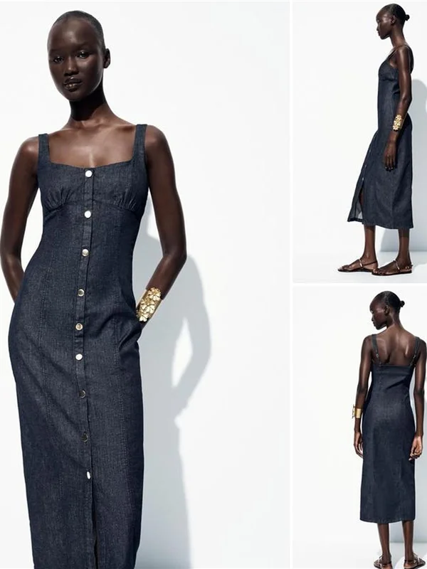 زر إغلاق زخرفي حزام الكتف مستدير Ne Midi Dr Denim Work Warehouse ip الخريف الديكور Faion السيدات... #2