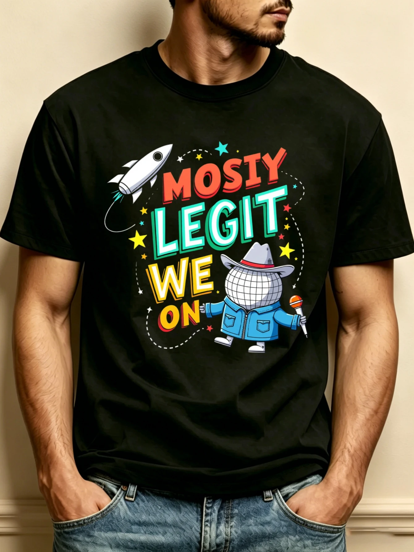 Cartoon Space Cowboy Design Men's Crew Neck T-Shirt, Loose Fit, Pure and Stylish, Versatile, Soft and Comfortable Fabric, Suitable for Daily Wear and Holiday Gifts, Printed with 