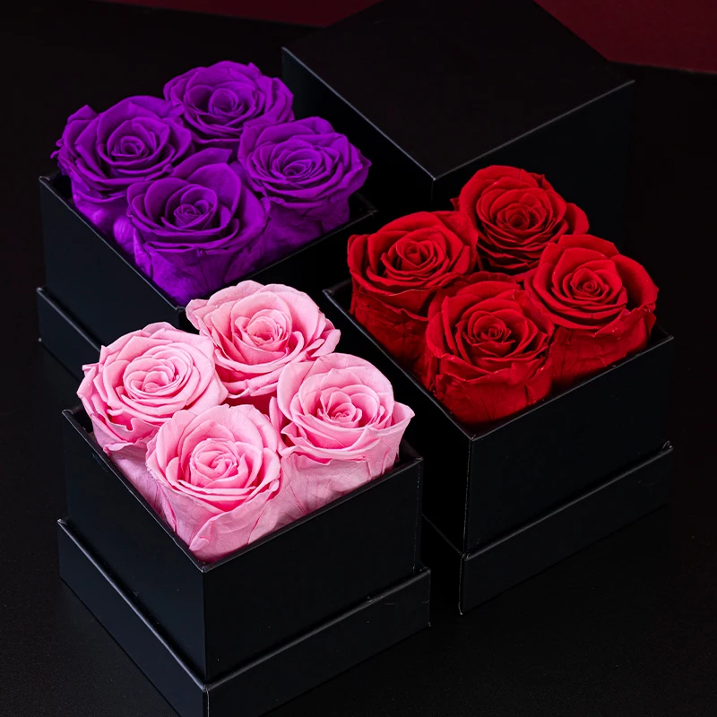 Eternal Rose A-level black square gift box with 4 pieces, Valentine's Day, Christmas, Mother's Day gift, wedding dried flowers