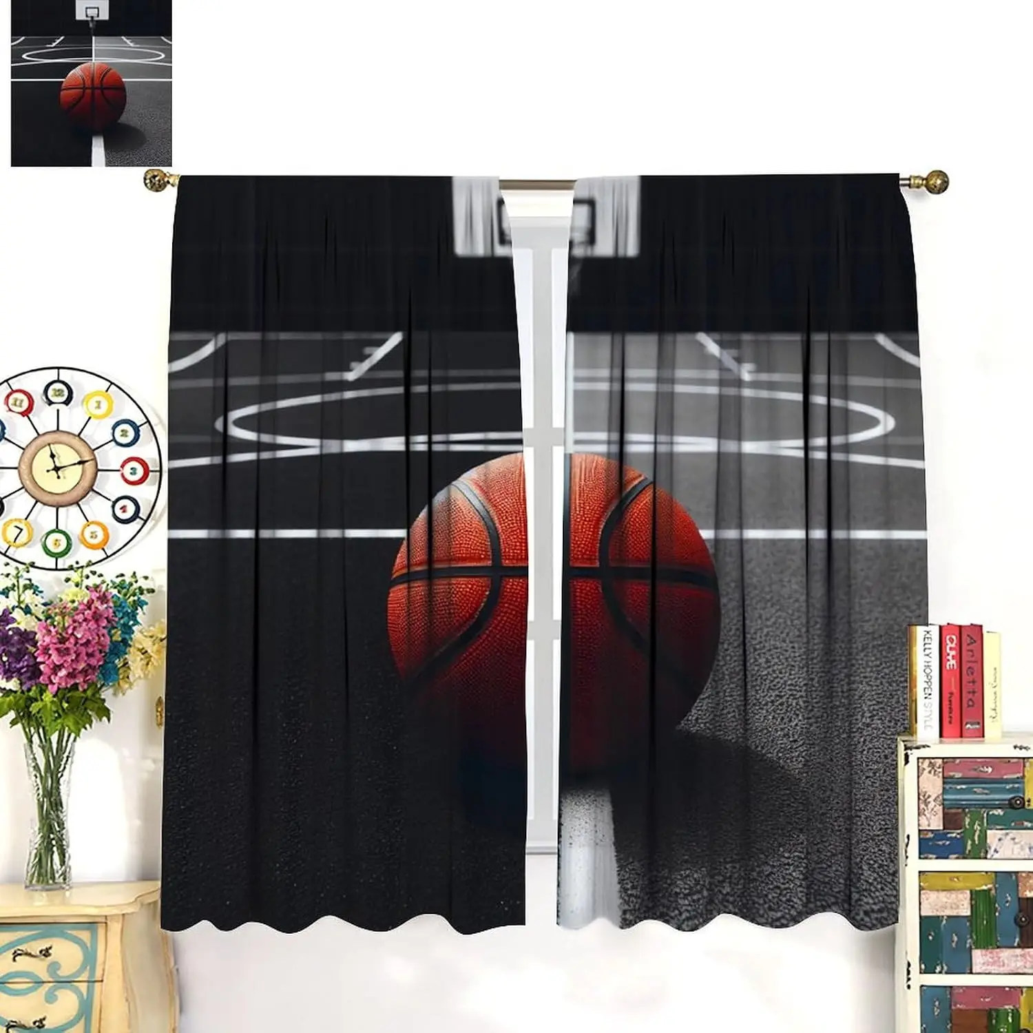 Realistic Basketball Court Curtains, Dark Sports Ground Hoop Orange Ball 3D Print Drapes for Teen Boys Sports Bedroom Living