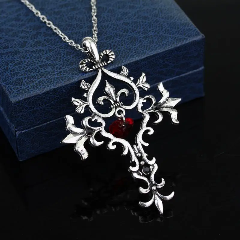 Vampire Diaries Necklace Fashion Vintage Sacred Heart Gem Crystal Cross Long Chain Pendant Necklace