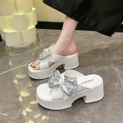 Sponge Bottom Square Heel Round Toe Butterfly-knot Shoes for Women 2024 Hot Sale Modern Slippers Summer Outdoor Women's Slippers