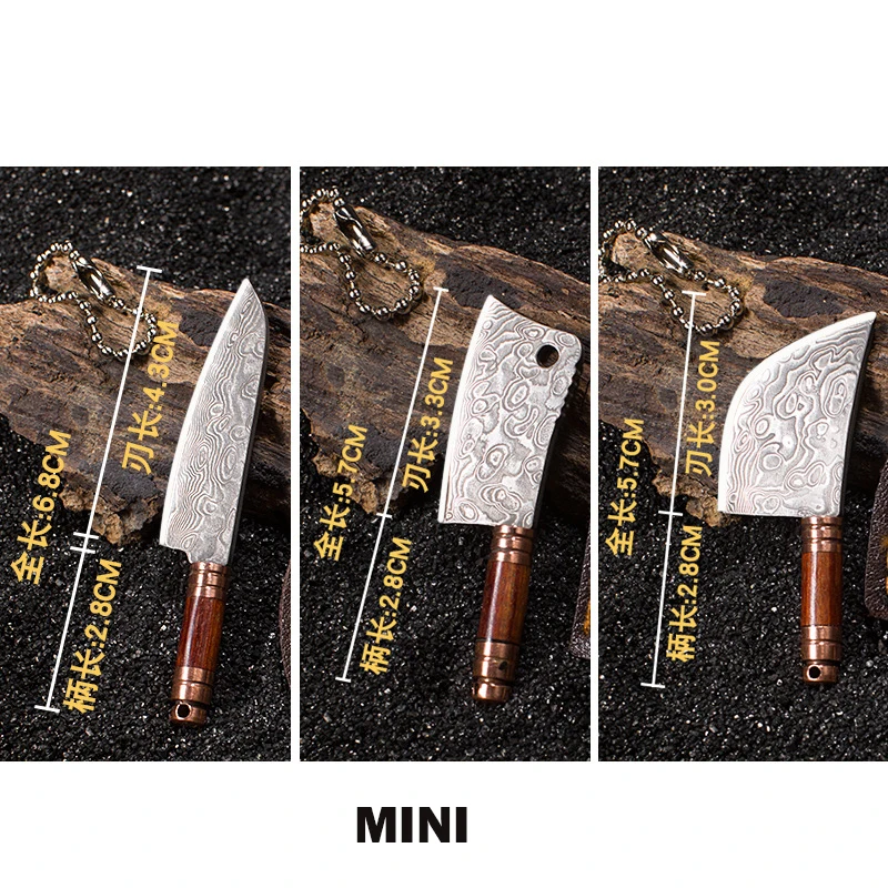 Damascus Blade Knife MINI Sharp EDC Self-defense Portable Keychain Unpacking Knife Outdoor Unboxing Tool With Leathe Cover