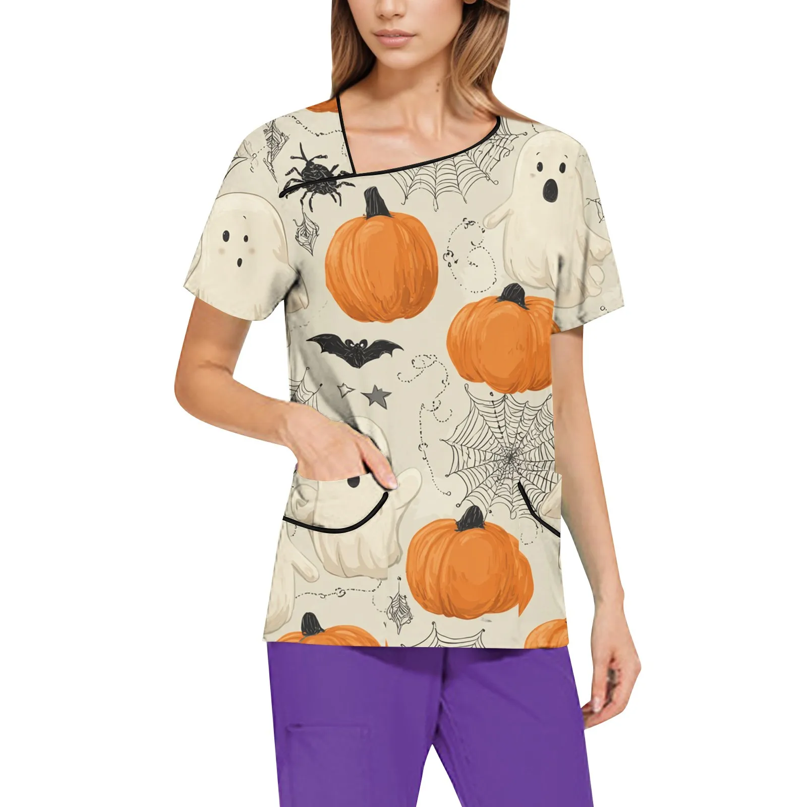 Women's Halloween Printed Short-Sleeved Slant Collar Pocket Nursing Top Beauty Salon Scrubs T-shirts Basic Nursing Uniform