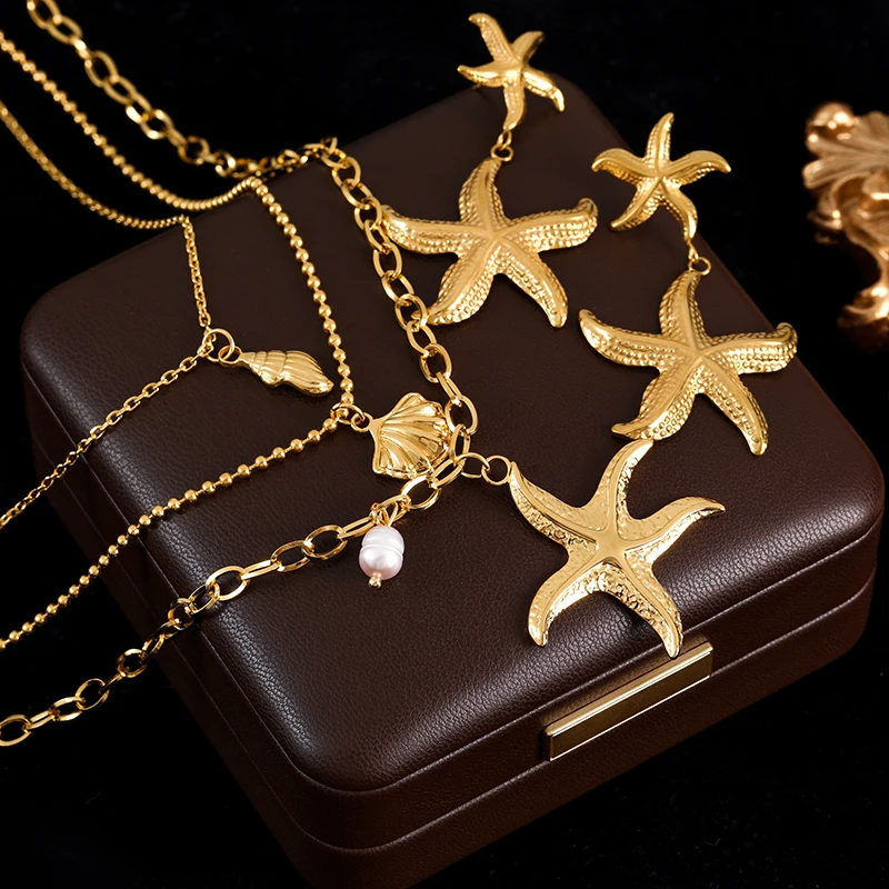 GANEMLY 316L Stainless Steel Starfish Shell Freshwater Pearl Necklace Earrings Set For Women Fashion Waterproof Jewelry New Gift