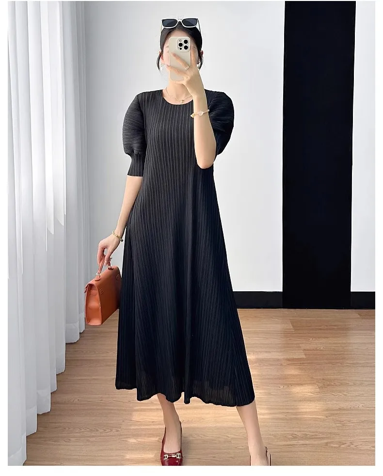 

HOT SELLING Miyake fashion fold lattice print sleeveless Half high collar A-Line dress IN STOCK