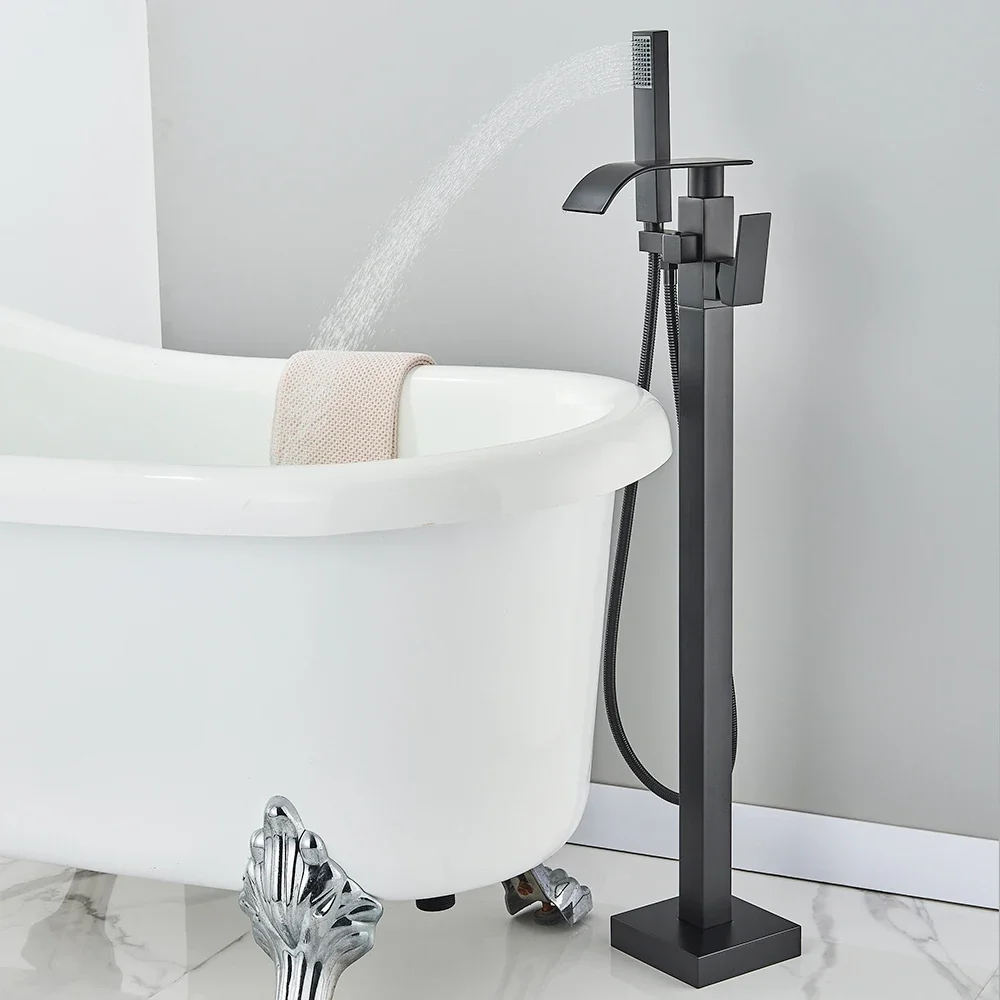 Floor Standing Faucet Bathtub Shower Floor Mounted Tub Filler Faucet Brass Bathroom Tub Faucets with Hand Shower