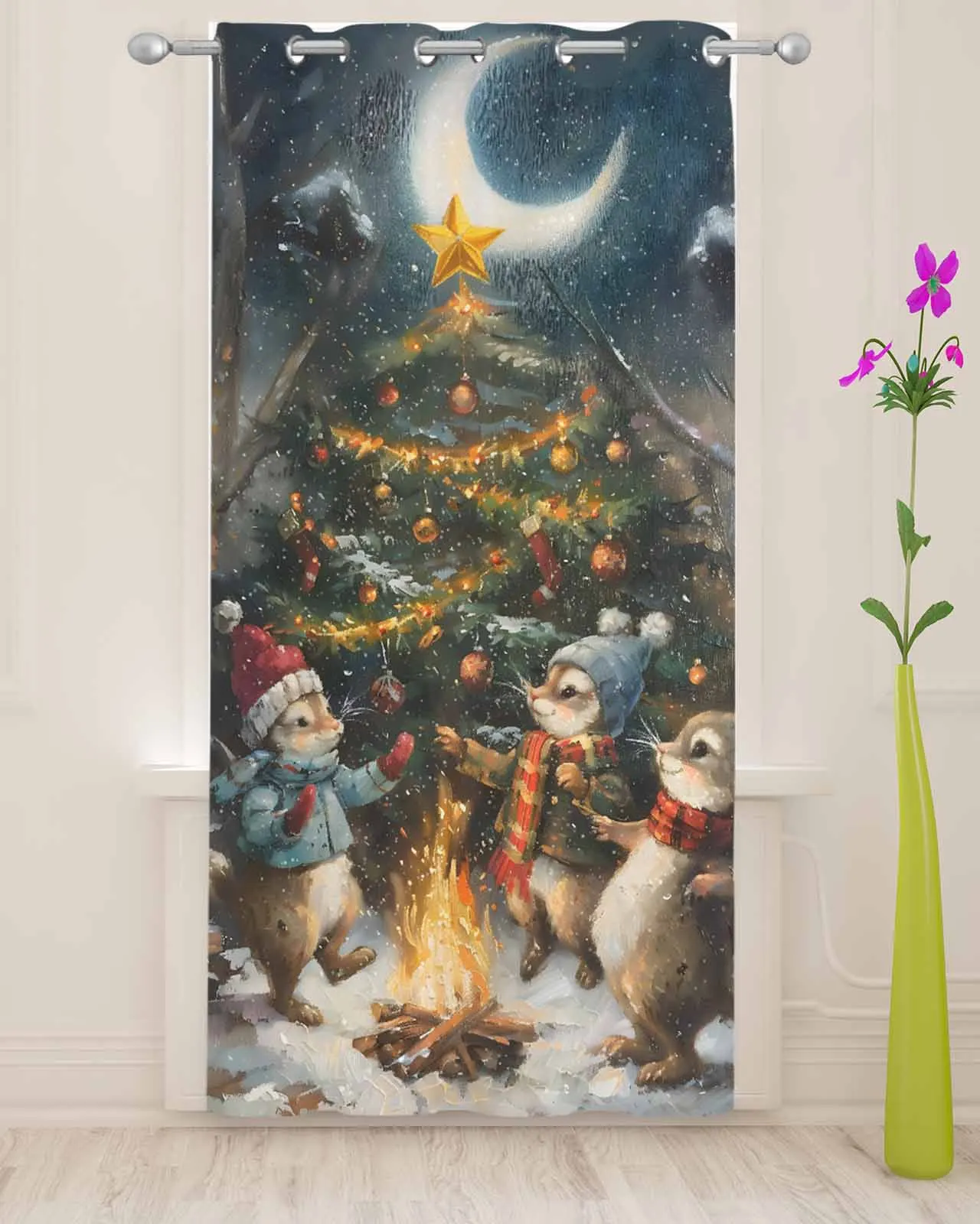 Christmas Tree Colorful Forest Moon Bonfire Animals Sheer Curtains for Living Room Tulle Window Curtain Luxury Home Drapes