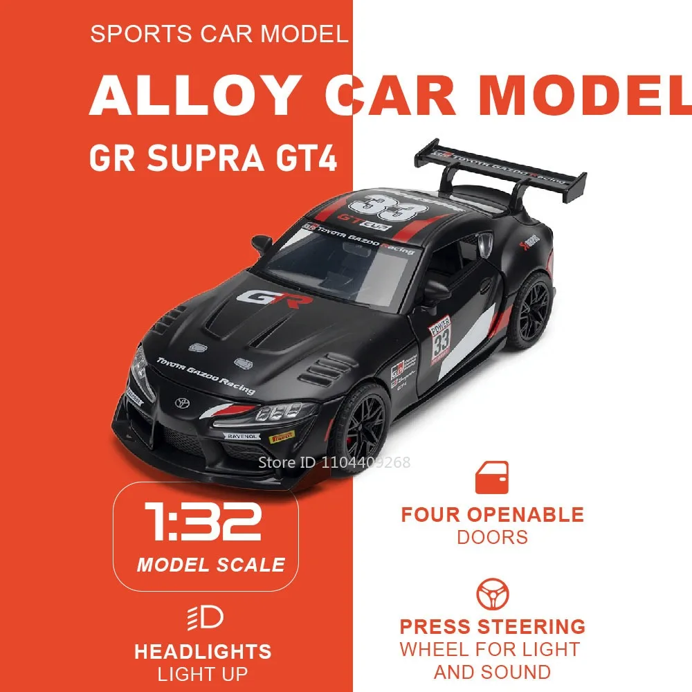 

Scale 1:32 Supra GT4 Crown Sports Car Model Toy Metal Diecast Rubber Tires Music Light Vehicle Models Living Room Ornaments