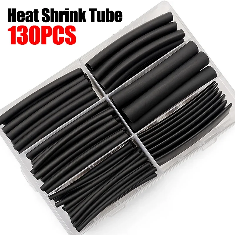130Pcs 3:1 Black Heat Shrink Tube Flame Retardant Anti-Leak Multi Inner Diameter For Security Monitoring Camera Wiring Cable Fix