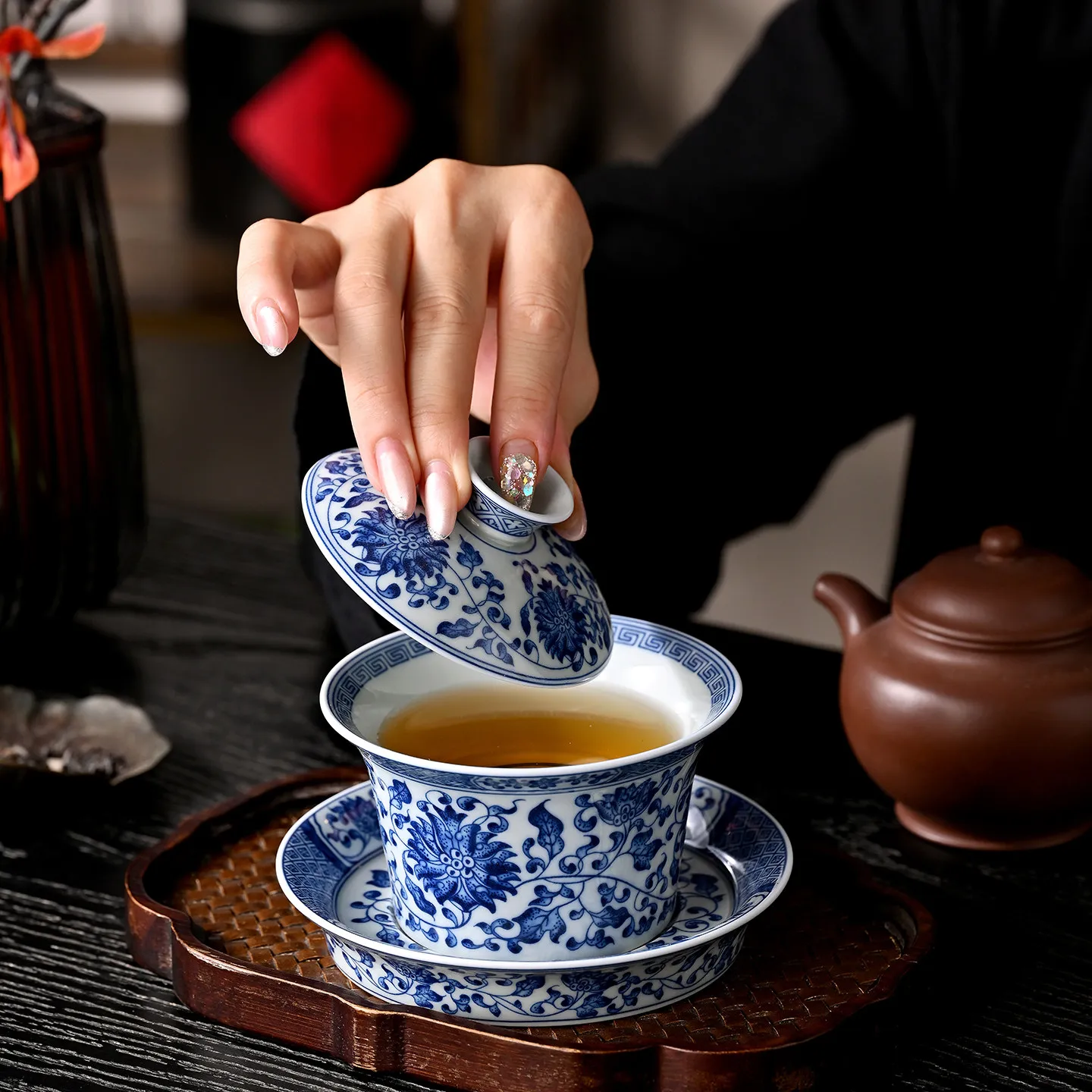 High-End Jingdezhen Interlock Branch Horseshoe Gaiwan Non-Scald Tea Brewing Bowl Household Ceramic Cup Large Size