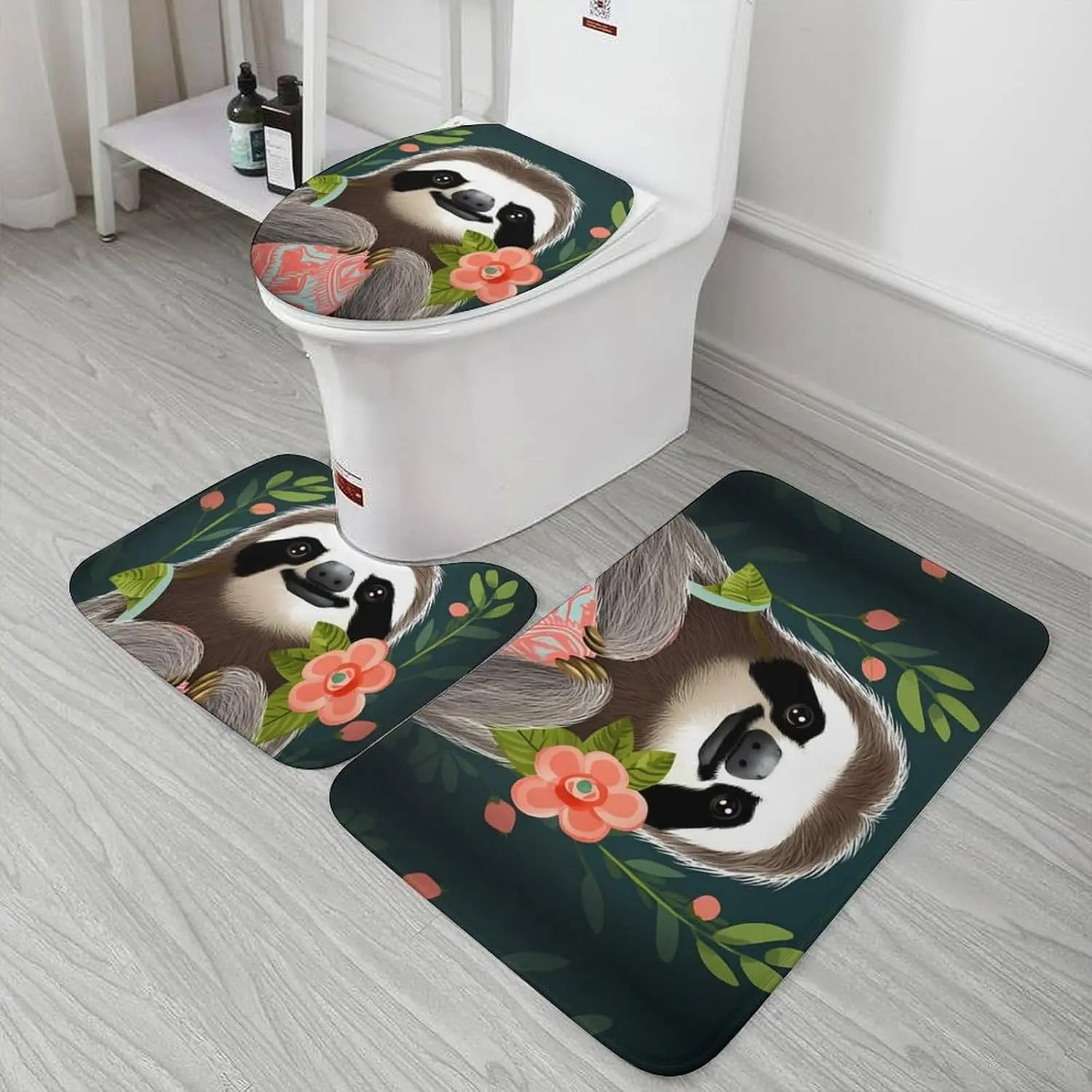 3 Piece Bath Rug Set Non Slip Absorbent Bath Mat Contour Mat with Toilet Lid Cover Cute Sloth Soft Floor Mats for Bathroom