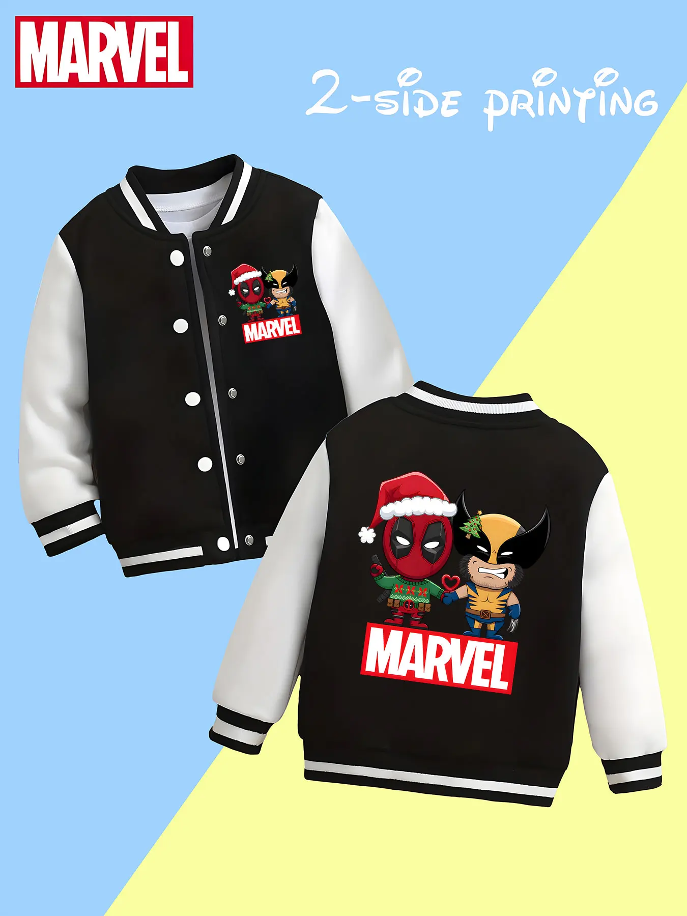 

MINISO Marvel Deadpool Wolverine Christmas Boys Baseball Jacket - Deadpool Wolverine Christmas print, double-sided to show the h