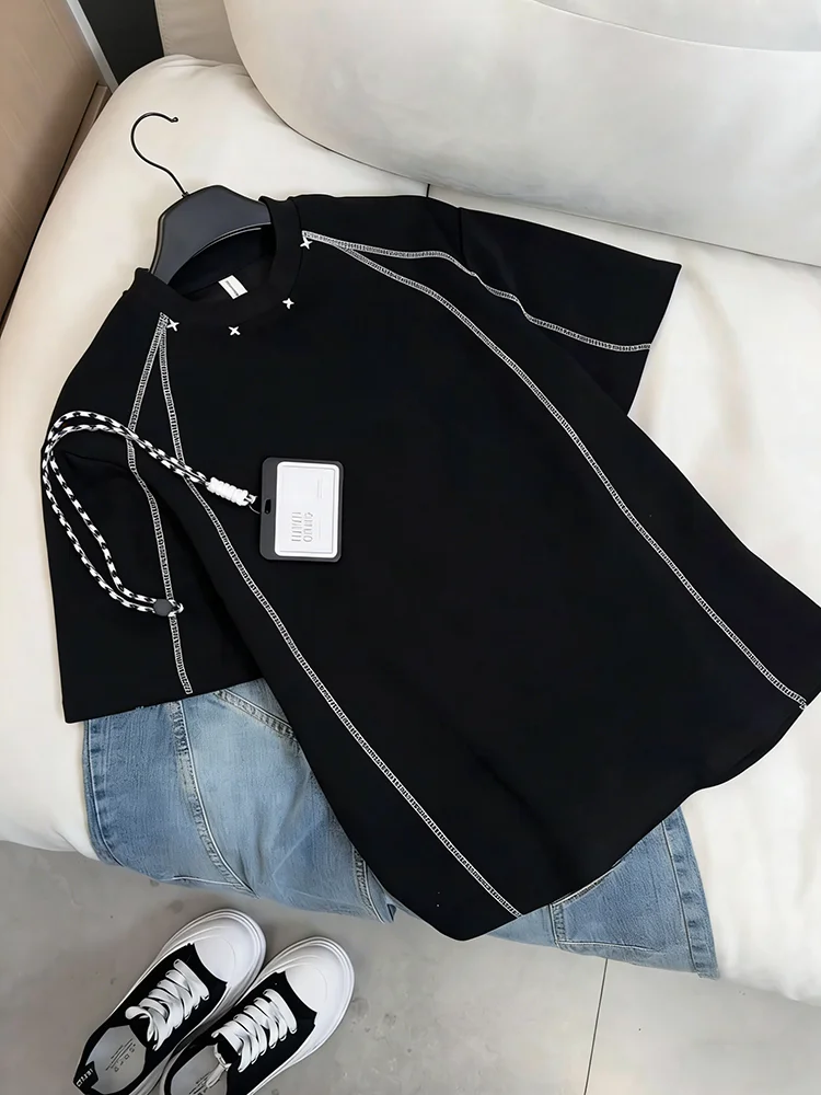 JiMing Line Rivet Disassembly Short Sleeve T-Shirt Men Summer Heavyweight Loose American High Street Small Collar Five Sleeve