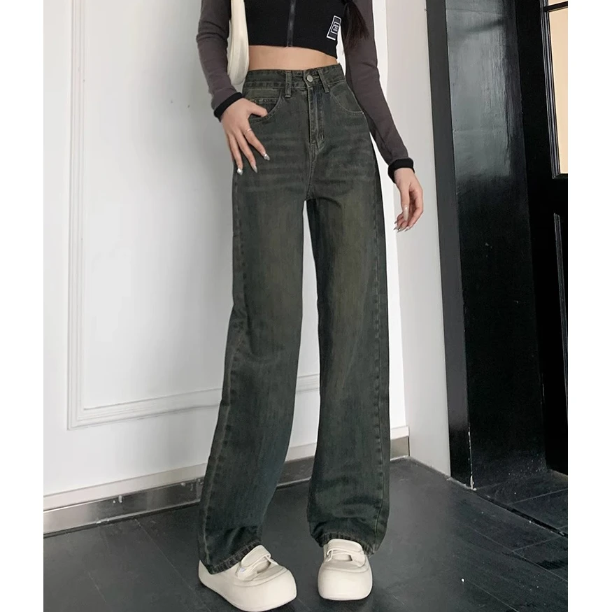 Narrow straight jeans female 2024 new explosive spring cement grey high waist thin small wide-legged trousers