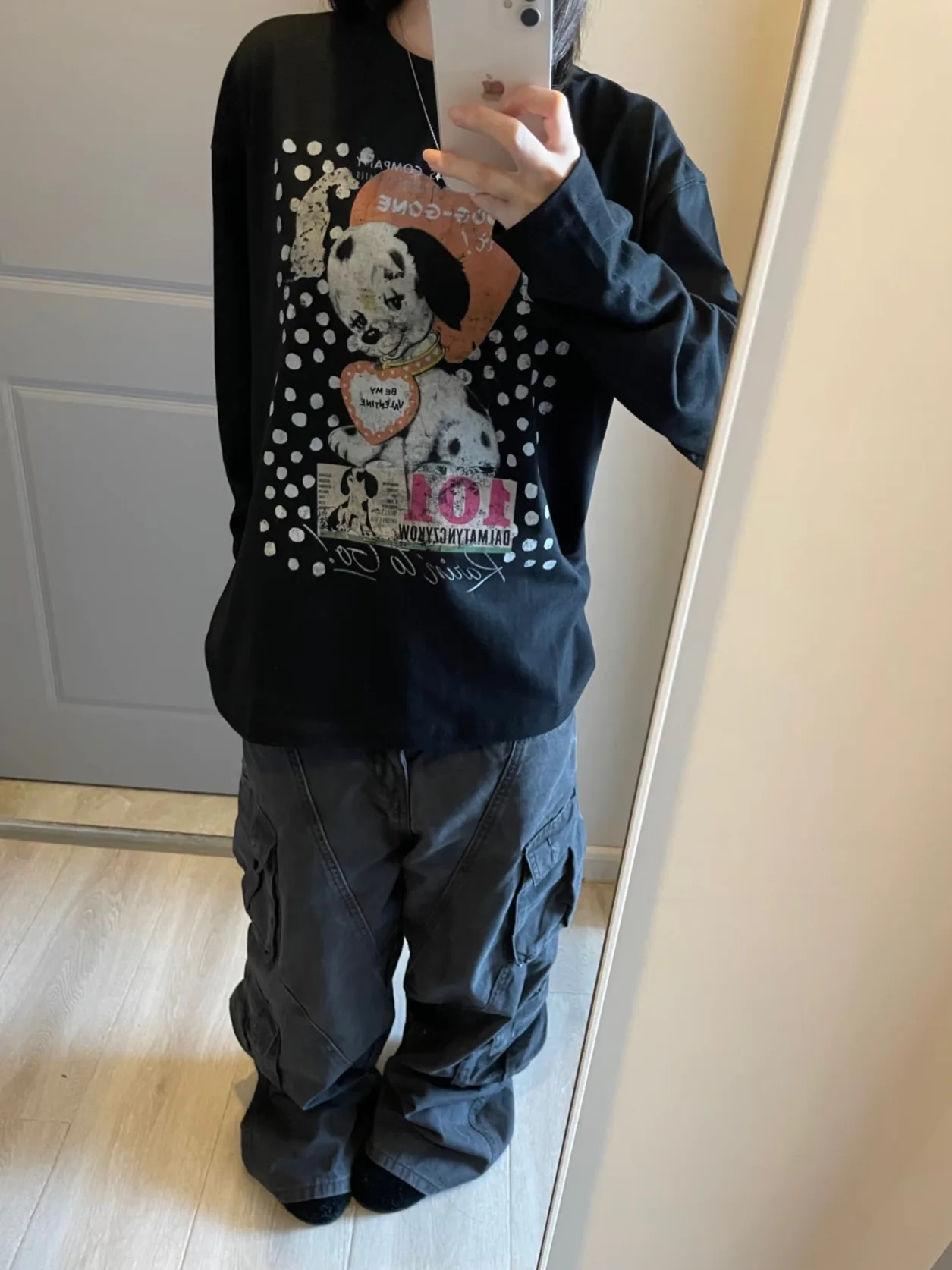 Retro American Polka Dot Dog Print Long Sleeve T-Shirt Women's Base Shirt Loose Design Autumn Top Fashion Ladies Premium