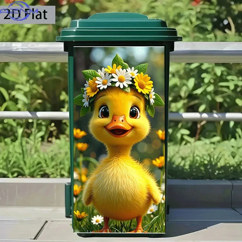 2D Flat Printing 1pc Trash Can Sticker 37×82cm Small Yellow Duck in Flowers Theme Design Self-Adhesive Wall Decal Wallpaper Su