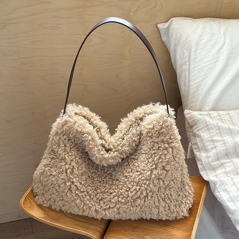 Women Curly Teddy Plush Tote Bag Large Capacity Fluffy Faux Lamb Fur Underarm Shoulder Bag Autumn Winter Casual Shopper Handbag