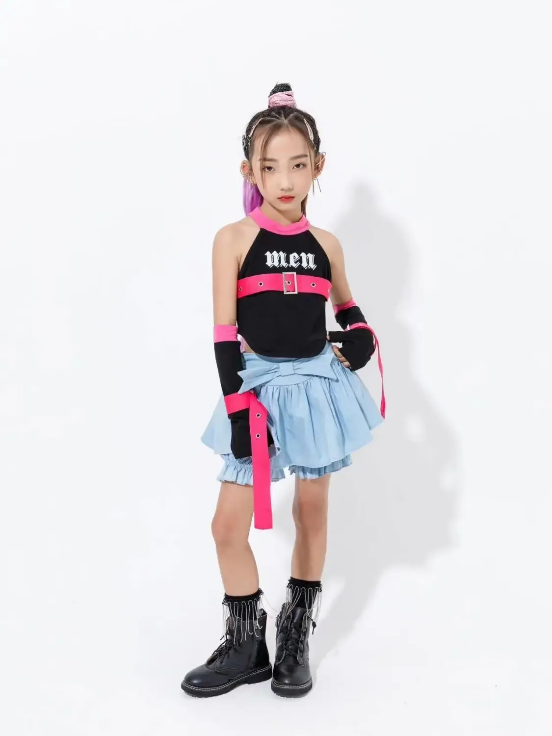 

Детский комплект для джазовых танцев, верхняя юбка, костюм для джазовых танцев для девочек, модный детский костюм для уличных танцев в стиле хип-хоп