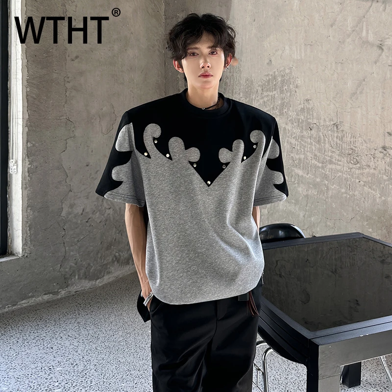 WTHT Fashion 2025 Summer Men's Patchwork Contrast Color Shoulder Pads T-shirts Trendy O-neck Short Sleeves Tops Male 2A1302