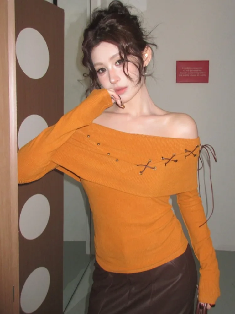 

Slim Fit Knitted Long Sleeve Women's Base Layer Shirt Design Sensation Shoulder Baring Sweater Spring Autumn Citywalk Breathable