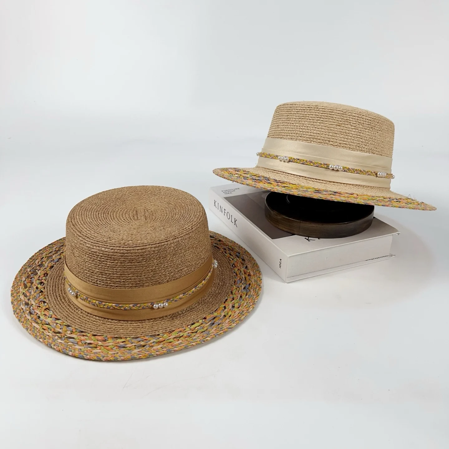 new-pearl-flat-top-straw-hat-women-summer-beach-vacation-style-wide-brim-sunshade-hat-british-style-woven-gift-hat