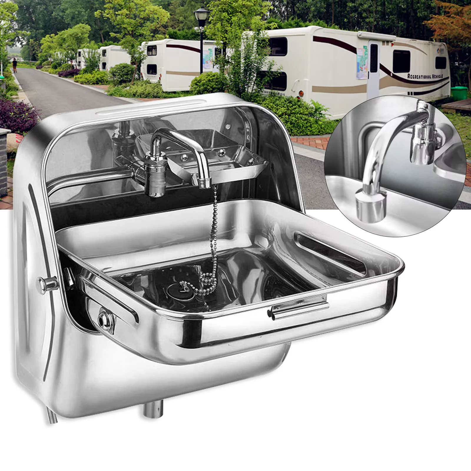 Foldable Stainless Steel Trailer Bathroom Sink with Cold Water Tap and Sink Faucet For Caravan Boat RV Camper