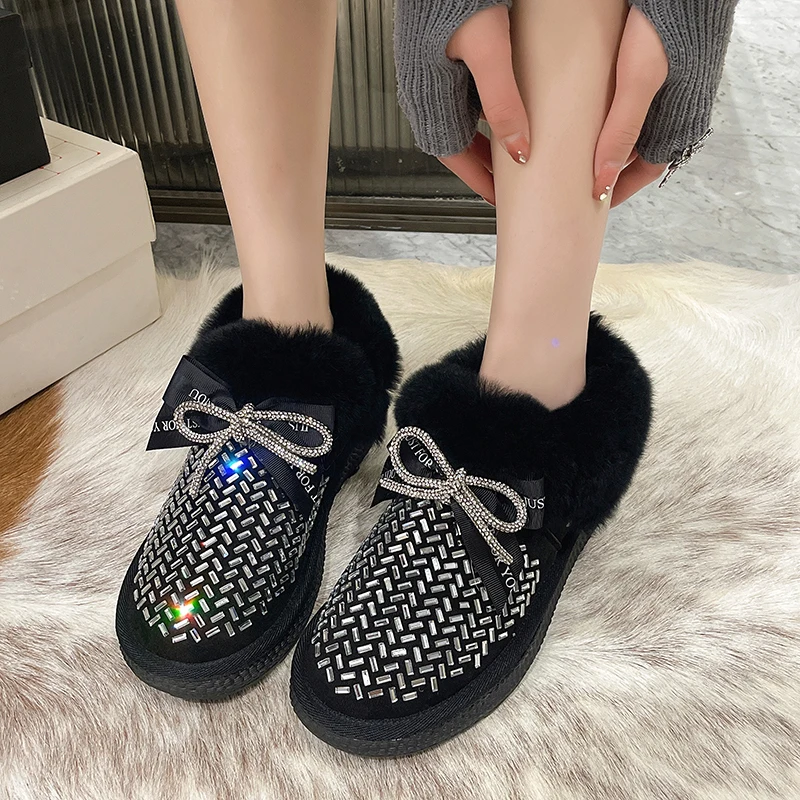 Women\'s Rubber Boots Plush Winter Footwear Luxury Designer  Female Shoes Boots-Women Crystal Flat Heel Australia Round Toe Rain