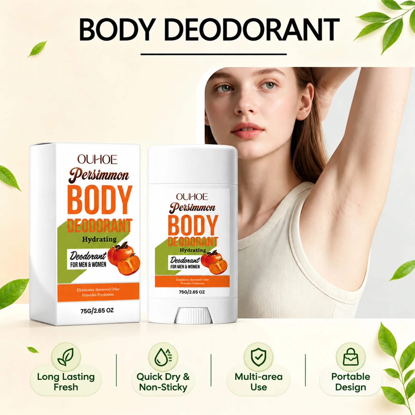 Ouhoe Persimmon Body Deodorant Stick 75g Long Lasting Fresh Odor Eliminator Non Sticky Portable Underarm Care Daily Body Care