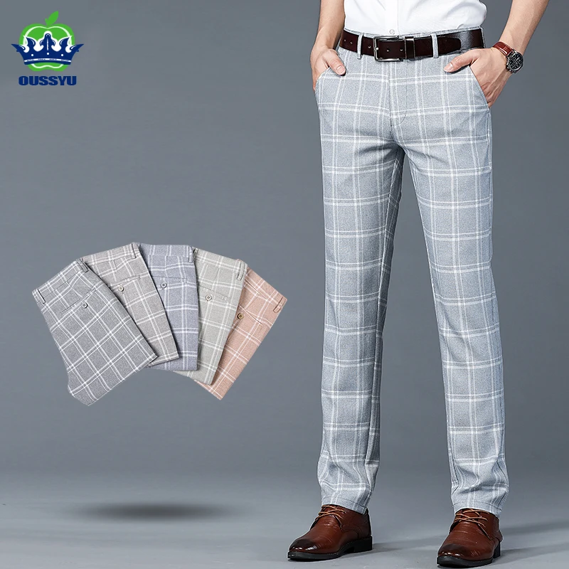 OUSSYU Brand Summer Plaid Pants Men Business Formal Work Fashion Thin Luxury Loose Straight Fit Trousers Male Plus size 30-40