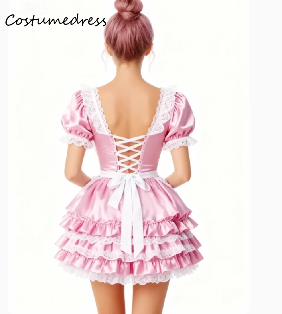 エレガントなピンクのメイドドレス、フリル付きの裾、半袖、クラシックなコスプレ、イブニングドレス、セクシーなレースのコルセット、ショートプロムドレス、カクテルドレス