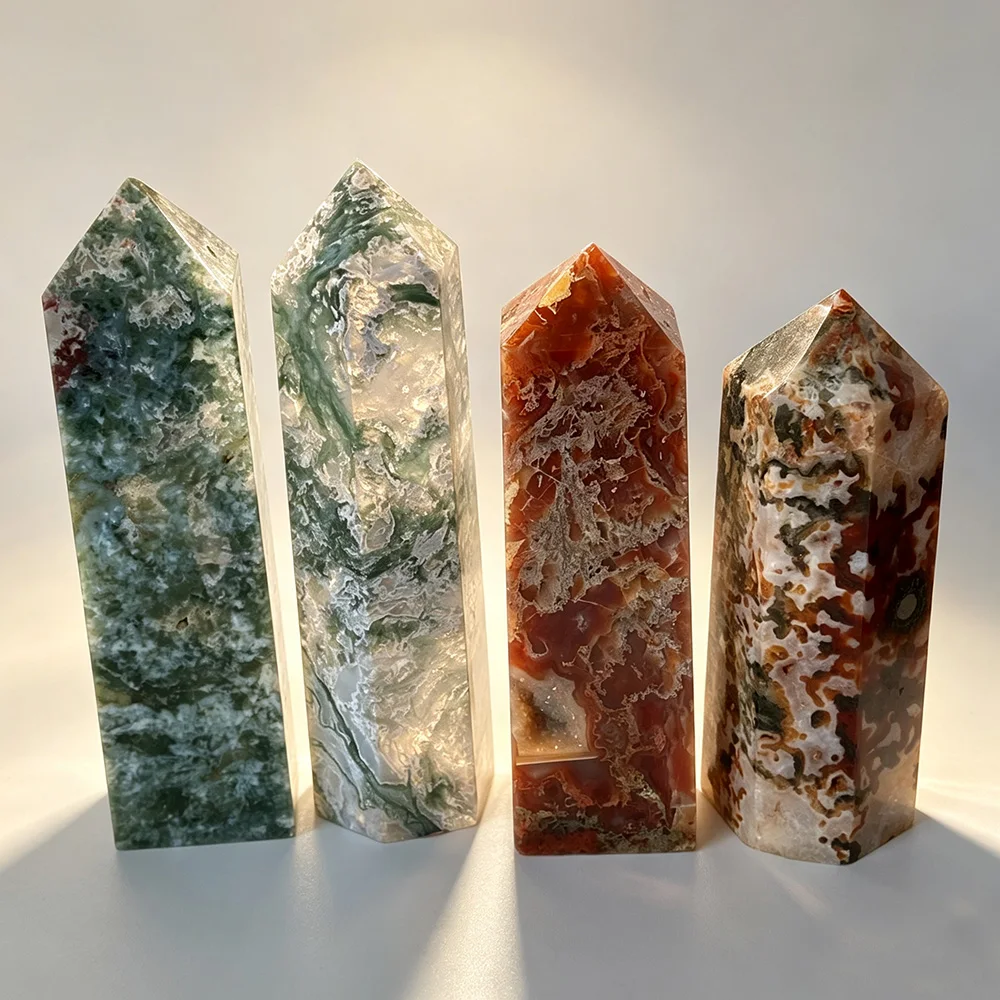 Natural Moss Agate Point Tower, Red Green Agate Obelisk with 4 or 6 Sides, Polished Gemstone for Room Ornament