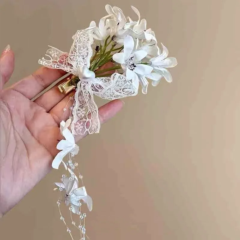 1PC New Chinese Super Fairy Atmosphere Feeling Flower Tassel Hair Clip Female Light Luxury Premium Feeling Niche Side Clip Exagg - Detail 1