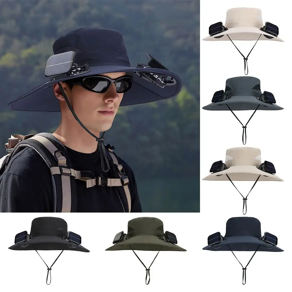 

Повседневная солнцезащитная кепка с вентилятором и УФ-защитой, с широкими полями, на солнечной зарядке, с 2 вентиляторами, дышащая, для рыбалки, летняя