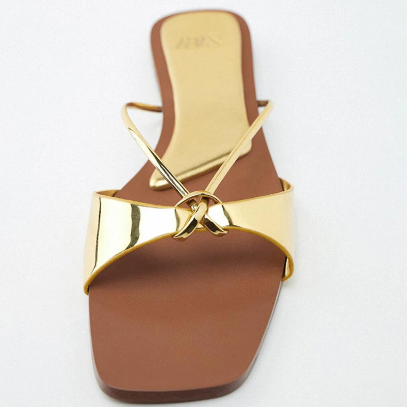 New Arrival Knot Ornaments Gold Outside Wearing Slippers Female One Line Open Toe Summer Aurumn Evening Fashion Flat Sandals