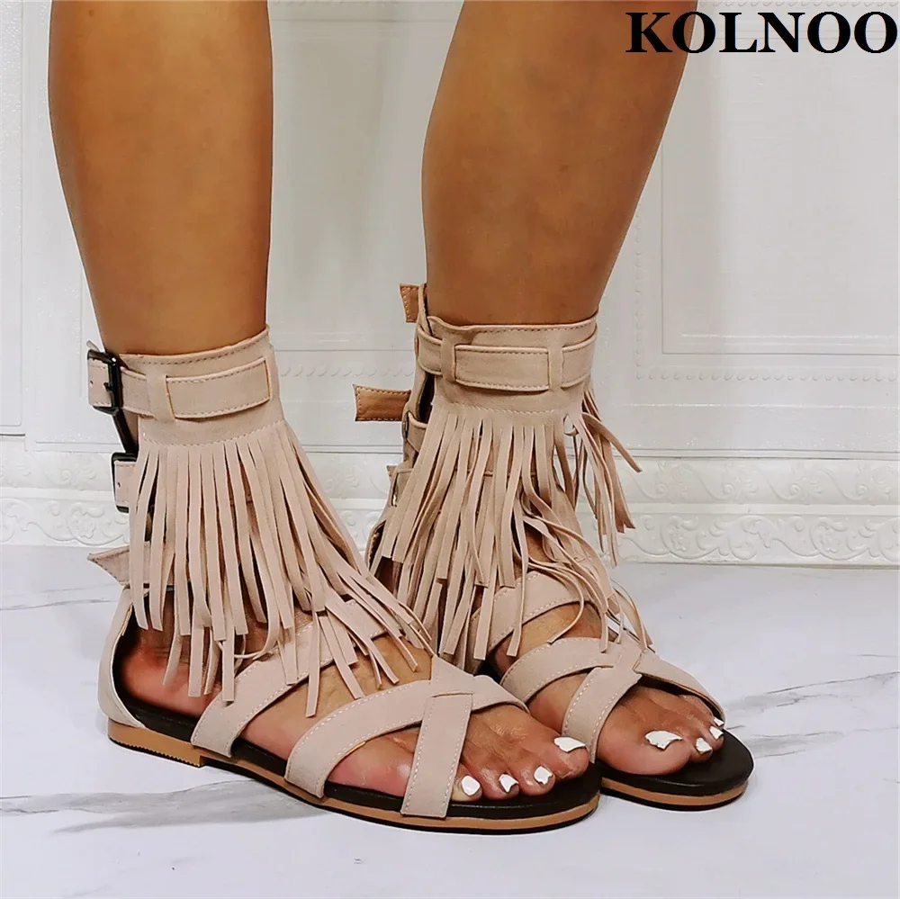 

2024 Handmade Retro Womens Flat Sandals Fringed&Tassel Buckle Straps Back-To-School Summer Shoes Daily Wear Fashion Prom Shoes