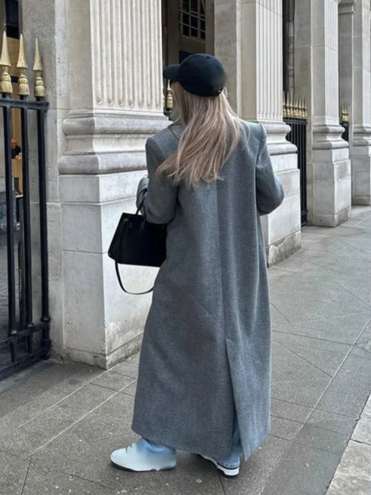 Fashion Woman Solid Color Full Sleeve Overcoat Elegant Shoulder Pad Single Breasted Long Coat 2024 New Lady Commuter Outerwear