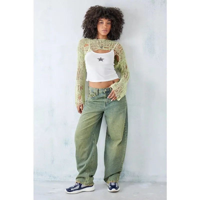 Y2K Aesthetic Chic Green Knit T-shirt Cover-up Long Sleeve O-neck Hollow Out Crochet Crop Top Women Ripped Summer Streetwear