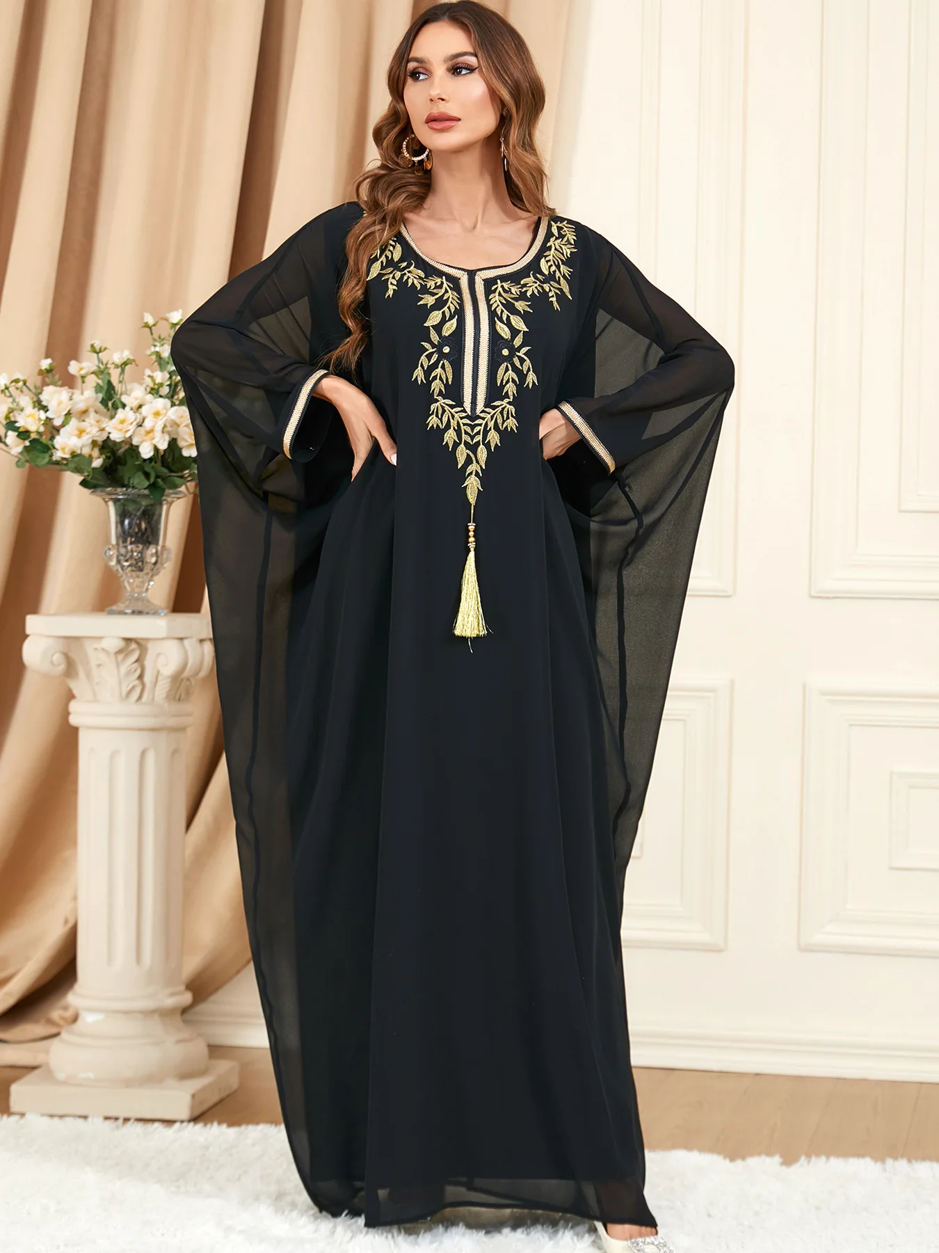 Embroidery Solid Muslim Dresses Women O-Neck Casual Long Dress Loose Batwing Sleeve Elegant Female Clothes Spring Summer