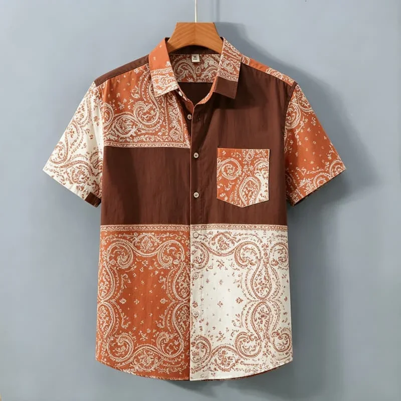 Men Paisley Shirt Short Sleeve Bandana Patchwork Color Block Bohemian Soft Vintage Casual Summer Novelty New Trendy Fashion Pick