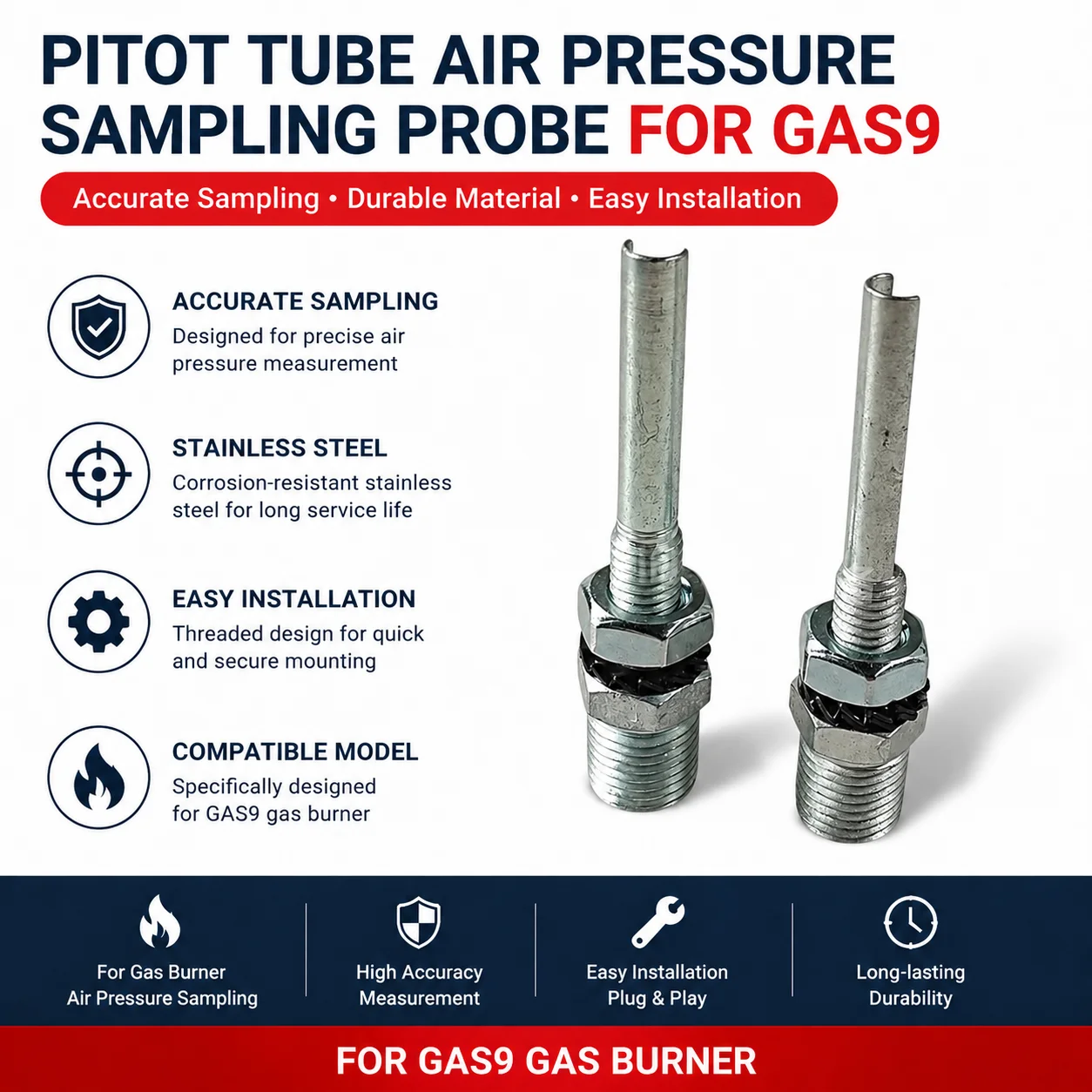 Brand New Stainless Steel Pitot Tube Air Pressure Sampling Probe For GAS9 Gas Burner Original Components