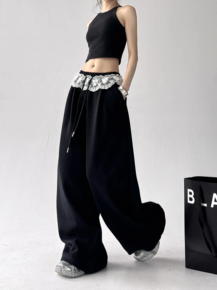 Novas calças de perna larga feminina verão 2025 cor pura renda solta casual coreano sle drapey esportes calças compridas