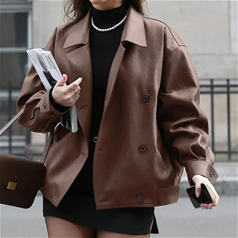 Women Coats Faux Leather Mid Length Jackets Turn Down Collar Pu Coat Work Y2k Streetwear Jacket Outerwear Casual Loose 2026