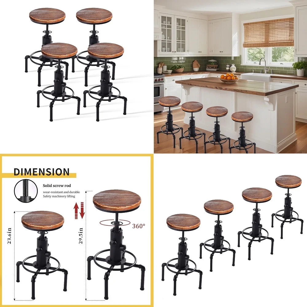 

of 4 Vintage Industrial Kitchen Counter Swivel Bar Stool Height Adjustable 23.629.5, Solid Wood Water Pipe Fire Cafe Pub Bar St