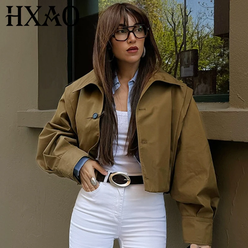 HXAO Women's Jackets Brown Pleated Jacket Spring Summer 2025 Cropped Bomber Button Long Sleeve Coats Outerwears Aviator Jackets