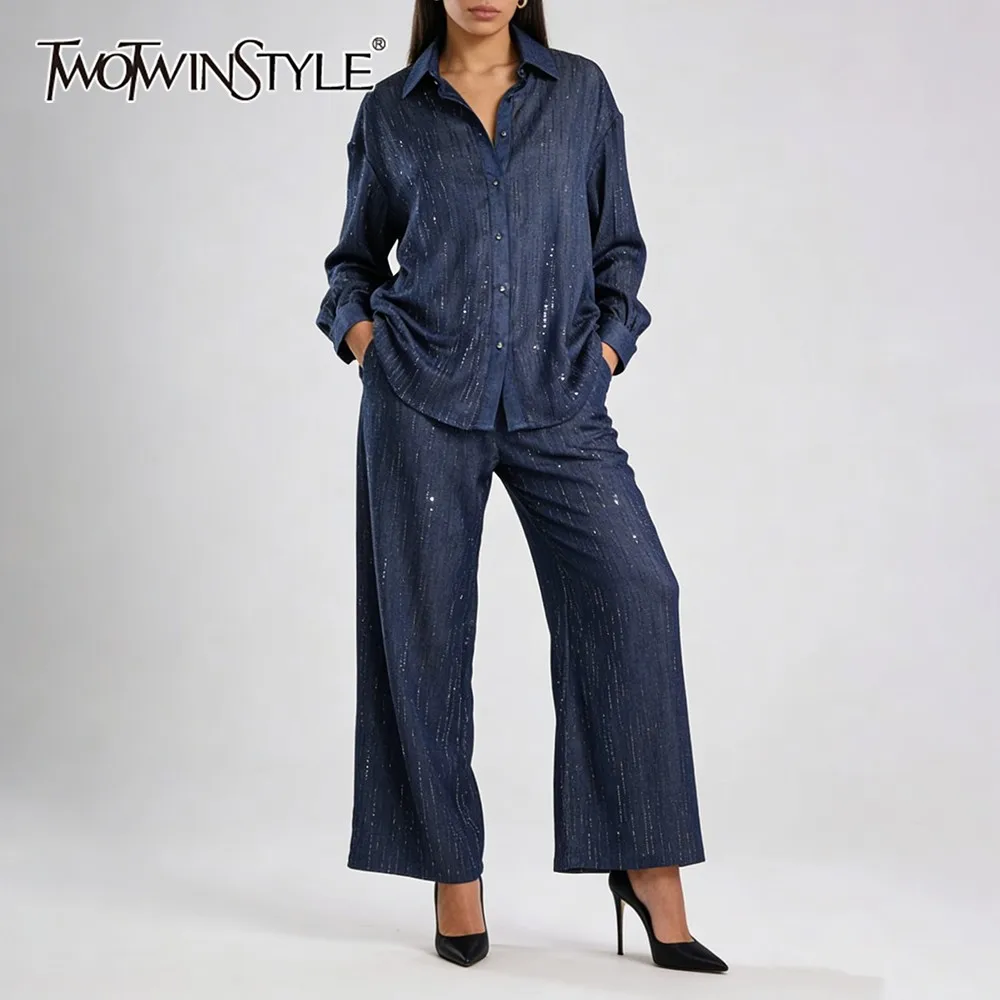 TWOTWINSTYLE الأزرق تقسم واحدة الصدر قطعتين مجموعة الإناث التلبيب كم طويل قميص عادية كسول المرأة فستان أطفال مع سروال داخلي الخريف جديد #1