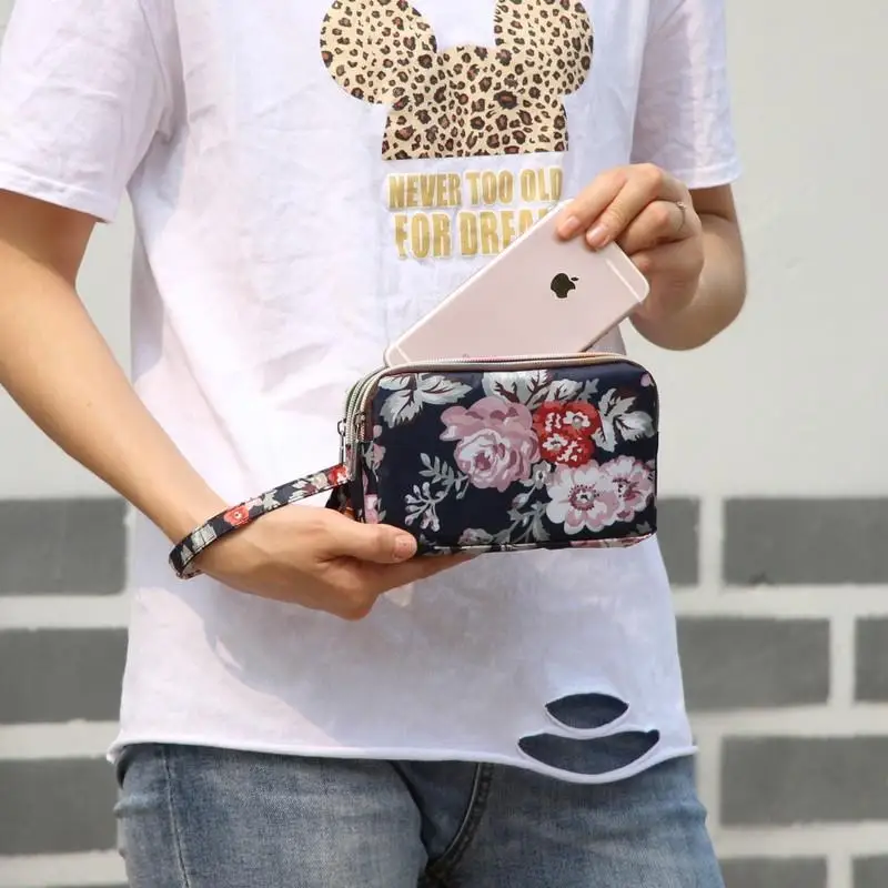 Large Canvas Zipper Wallet Women's Handbag Simple Three-layer Ladies Small Bag Big Capacity Mobile Phone Bag Floral Pattern
