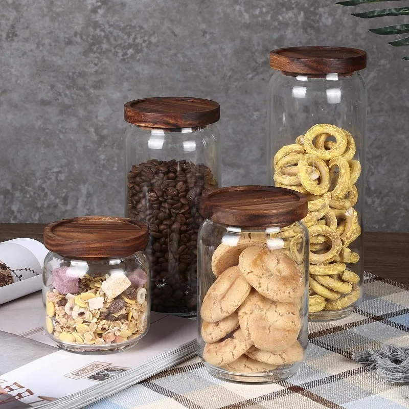 Glass Canisters with Airtight Wooden Lids,Glass Storage Jars with Sealed Lids for,Coffee Beans,Ground Coffee,Loose Tea,Food