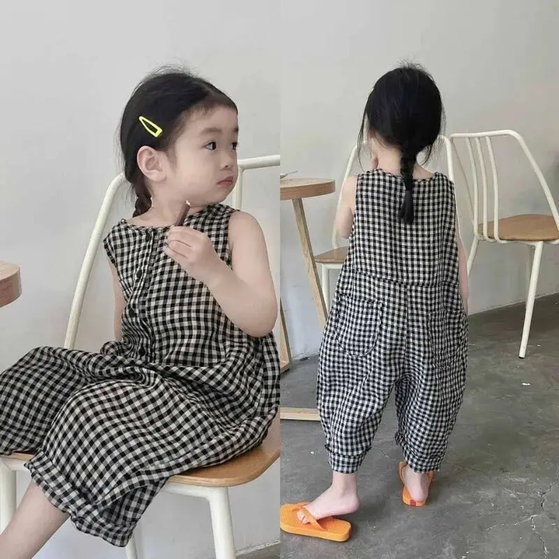 Summer Children Plaid Overalls Cotton New Girls Thin Casual Pants Breathable Children's Baby Loose Strap Trousers Kids Clothes